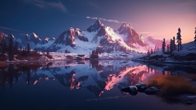 Foto lago de montaña con reflejo perfecto al amanecer paisaje con cielo púrpura arte generativo de ia