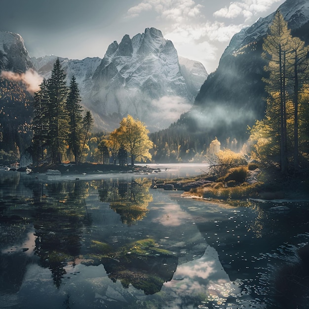 Foto un lago de montaña con un río y una montaña en el fondo