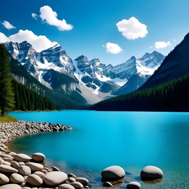 un lago de montaña con rocas y montañas en el fondo