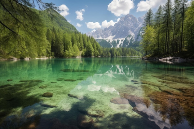 Un lago de montaña rodeado de árboles y rocas IA generativa