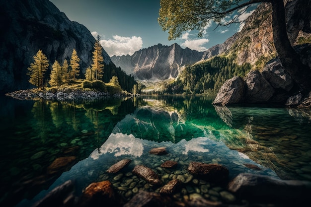 Lago de montaña rodeado de árboles y rocas IA generativa