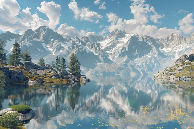 Un lago de montaña sereno que refleja el paisaje circundante