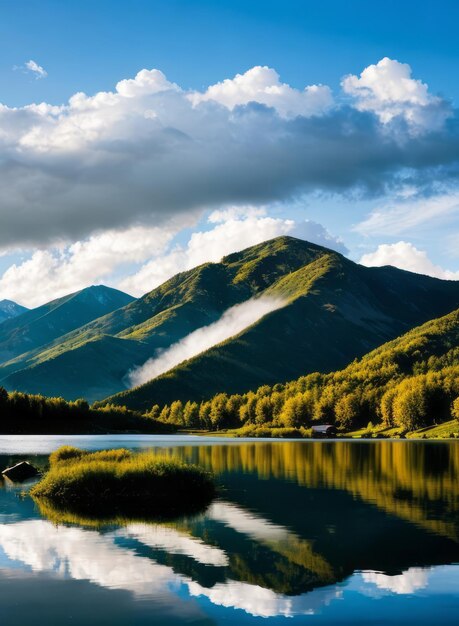 un lago de montaña sereno que refleja los picos y nubes circundantes papel tapiz del paisaje