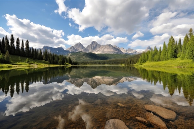 Lago de montaña tranquilo que refleja los picos y las nubes en la distancia creado con ai generativo