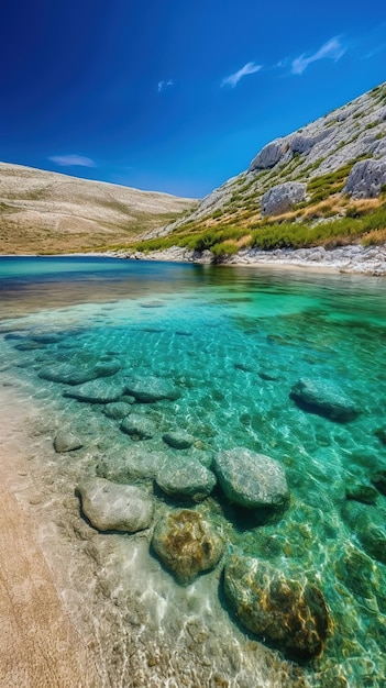 Un lago en las montañas con agua clara y un cielo azul.