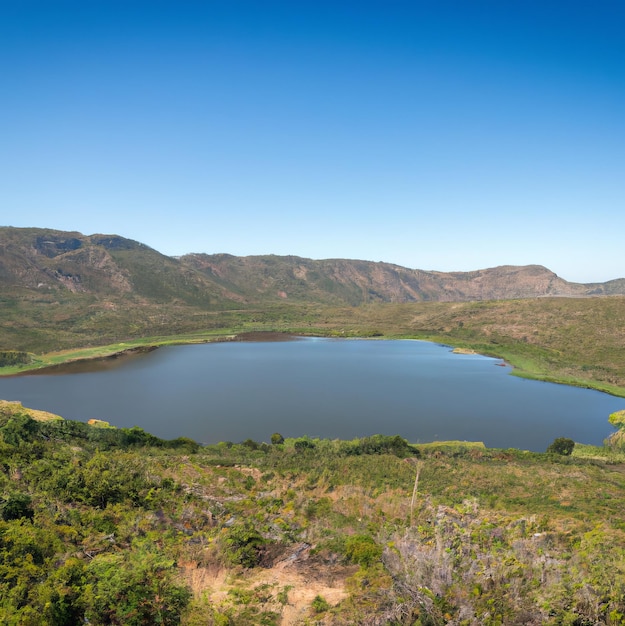 Un lago con montañas al fondo y un cielo azul con algunas nubes.