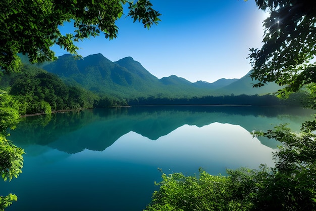 Foto un lago con montañas al fondo.