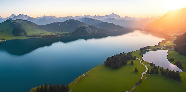 Un lago con montañas al fondo.