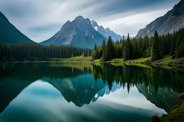 Un lago con montañas al fondo.