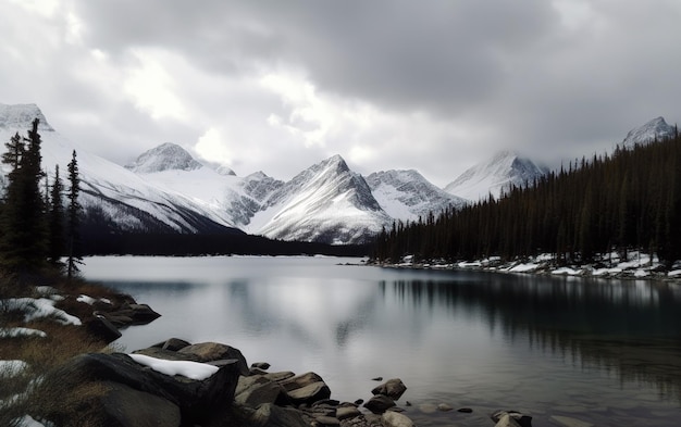 Un lago con montañas al fondo.