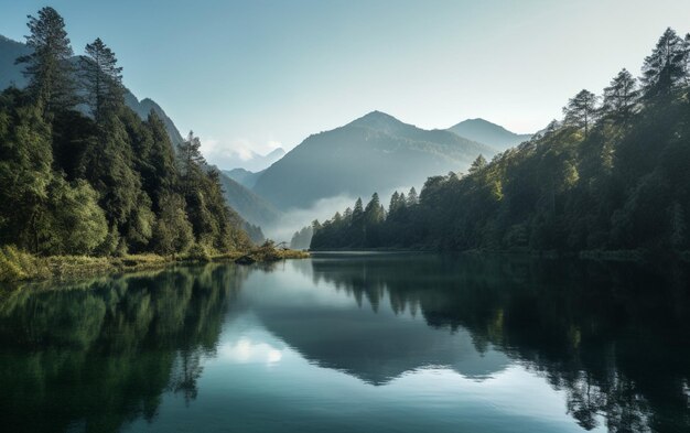 Un lago con montañas al fondo.