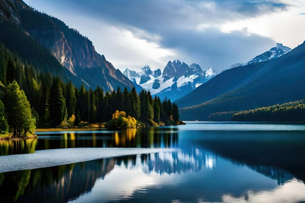 Un lago con montañas al fondo.