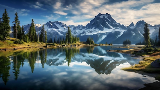 Un lago con montañas al fondo.