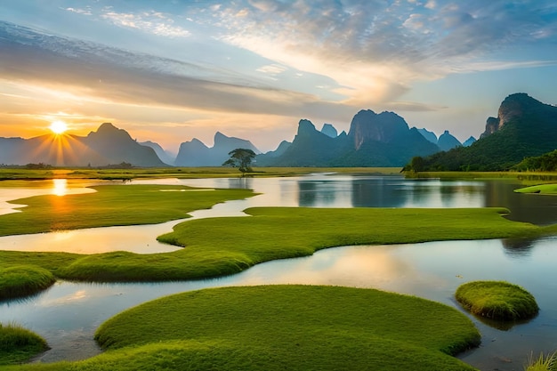 Un lago con montañas al fondo.