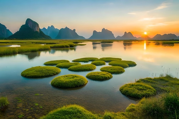 Un lago con montañas al fondo.