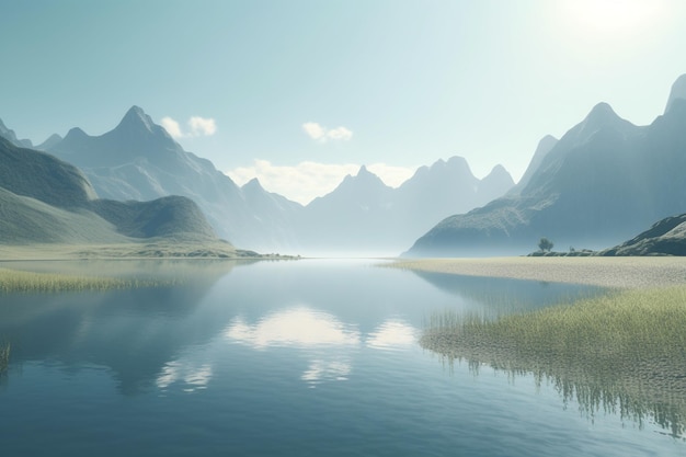 Un lago con montañas al fondo.