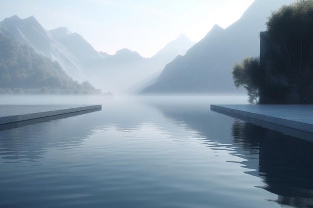 Un lago con montañas al fondo.