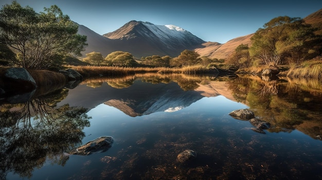 Un lago con montañas al fondo.