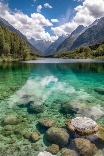 Un lago con montañas al fondo.