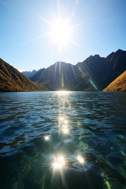 Un lago con montañas al fondo.