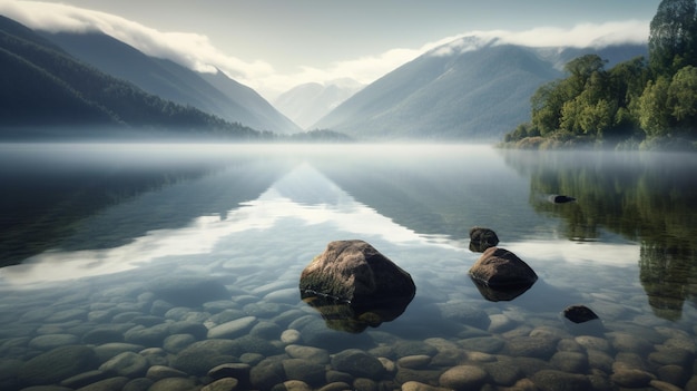 Un lago con montañas al fondo.