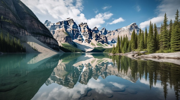 Un lago con montañas al fondo.