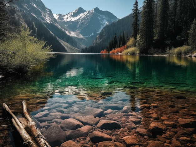 Un lago con montañas al fondo.