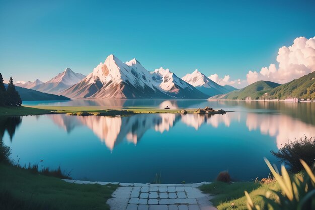 Un lago con montañas al fondo.