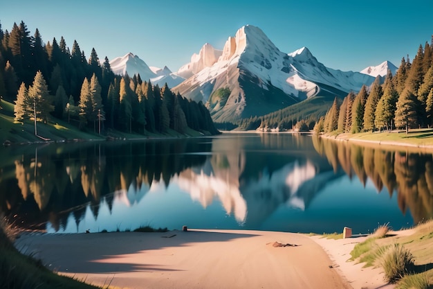 Un lago con montañas al fondo.