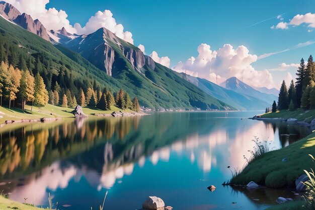 Un lago con montañas al fondo.