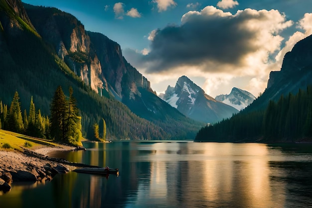 Un lago con montañas al fondo.