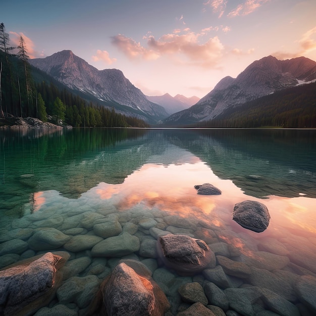 Lago en las montañas Amanecer IA generativa