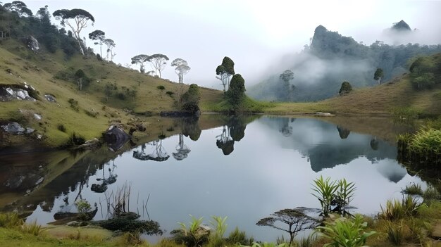 Un lago en las montañas con árboles y nubes.