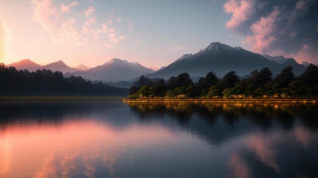 Un lago con montañas y un atardecer de fondo