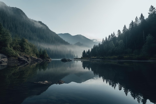 Un lago con montañas y un bosque al fondo.