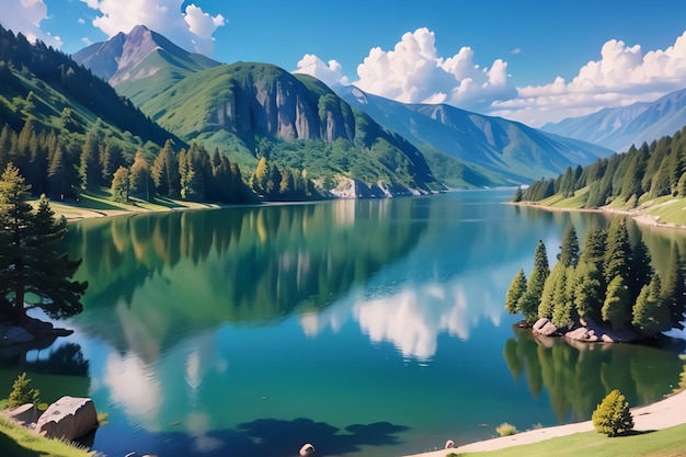 Un lago en las montañas con un cielo azul y nubes.