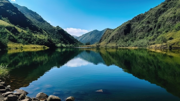 Un lago en las montañas con un cielo azul y la palabra lago en el fondo.