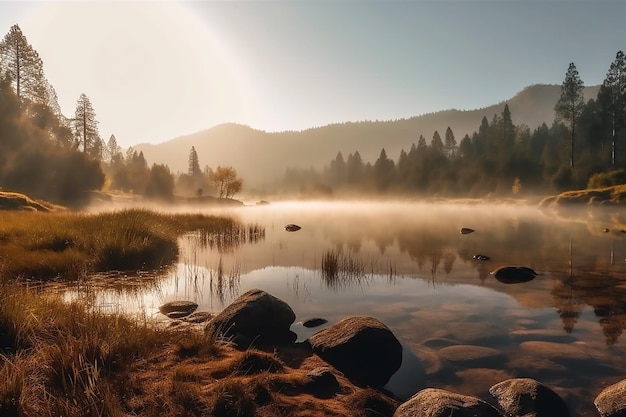 Lago en las montañas con un cielo brumoso de fondo