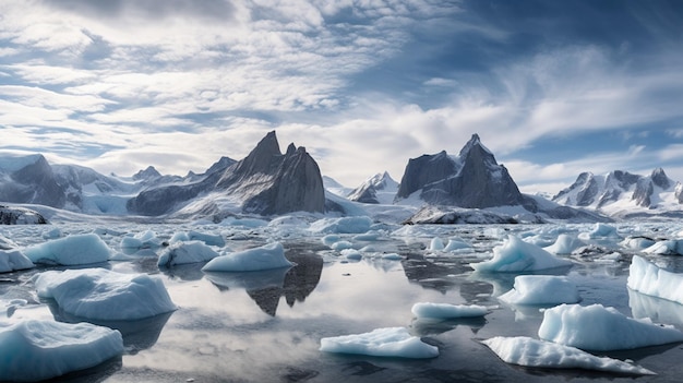 Un lago con montañas e icebergs al fondo