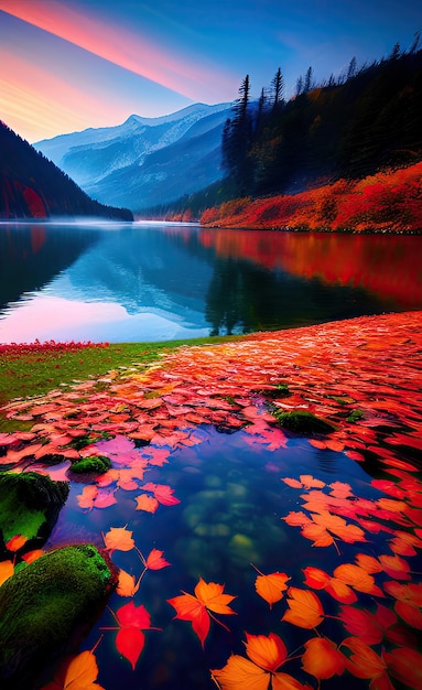 Un lago en las montañas con un fondo colorido