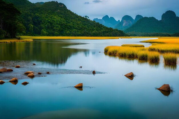 un lago con montañas en el fondo y una montaña en el fondo