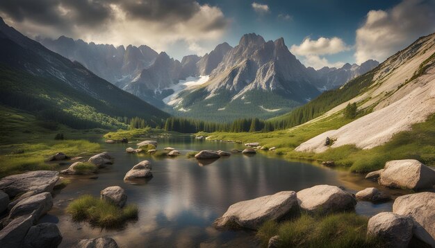 Foto un lago con montañas en el fondo y una montaña en el fondo