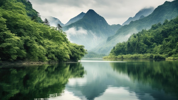 un lago con montañas en el fondo