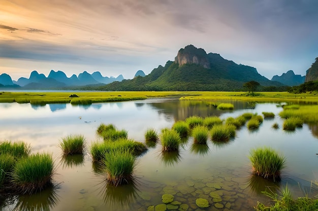 Un lago con montañas en el fondo