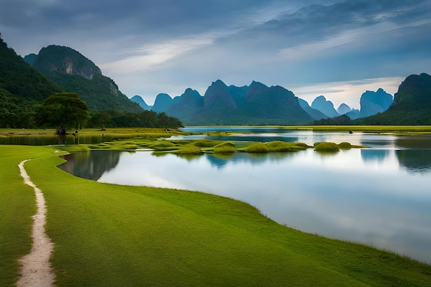 Un lago con montañas en el fondo