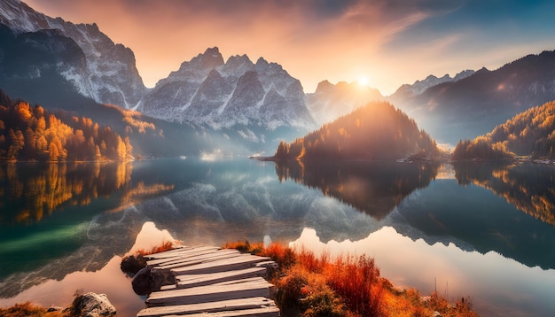 un lago con montañas en el fondo