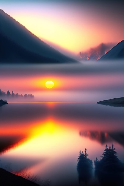 Lago en las montañas hermoso paisaje brumoso puesta de sol sobre el lago arte digital