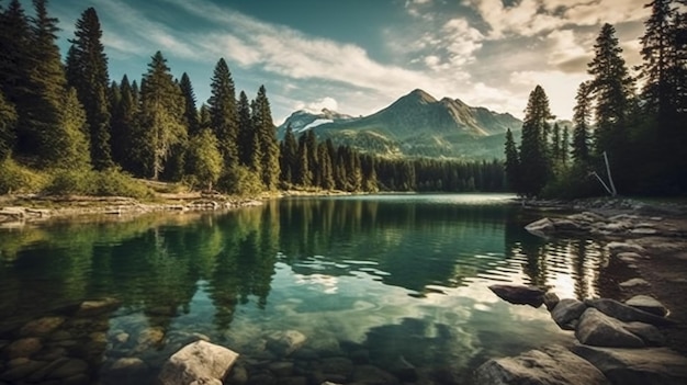 Un lago en las montañas con una montaña al fondo