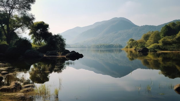 Un lago en las montañas con una montaña al fondo