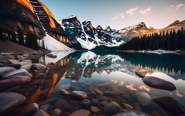 Un lago con montañas y nieve en las rocas.